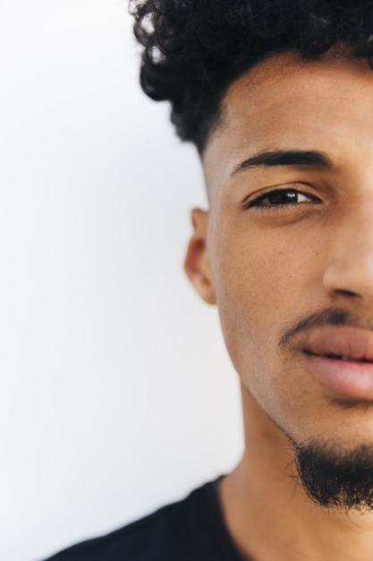 looking away,looking at camera,soft skin,isolated on white,copy space,half face,goatee,away,bearded,relaxed,black hair,contrast,isolated,half,sight,african american,crop,looking,copy,stylish,pretty,curly hair,curly,look,male,american,soft,teen,portrait,young,african,skin,studio,teenager,person,white,white background,black,face,space,student,hair,man,camera,background
