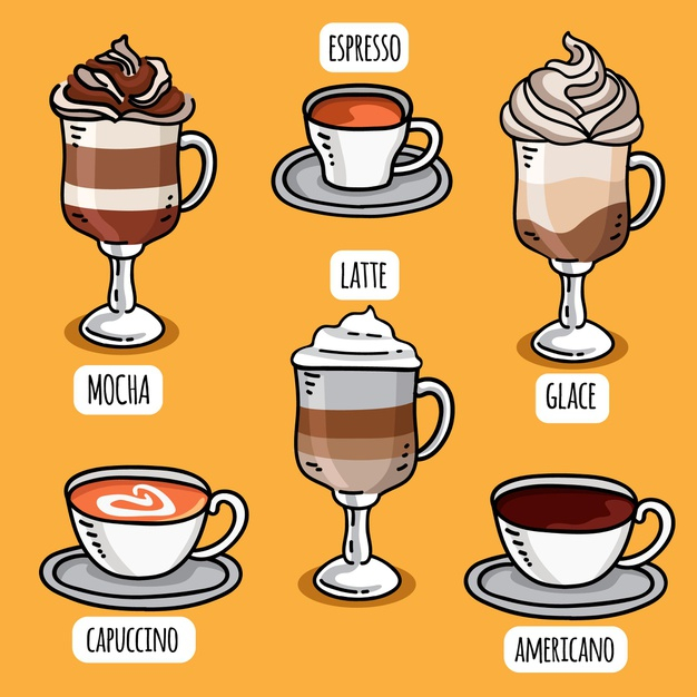 Espresso latte cappuccino in glasses and mugs Vector Image