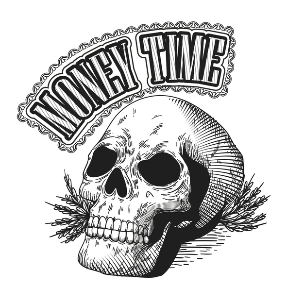 money time,brutal,mafia,gangster,scary,style,skeleton,symbol,emblem,illustration,time,skull,retro,money,template,design,logo