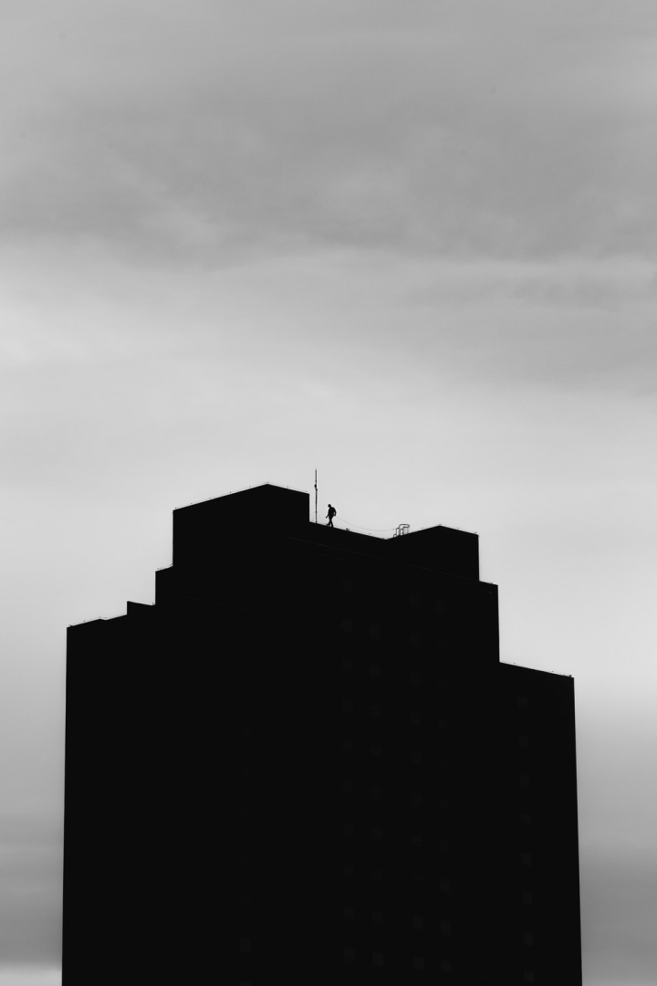 architecture,black-and-white,building,dawn,downtown,low angle shot,sky,skyline,skyscraper