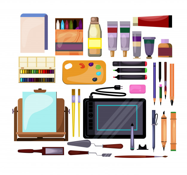 Vector illustration set of tools and materials for creativity and