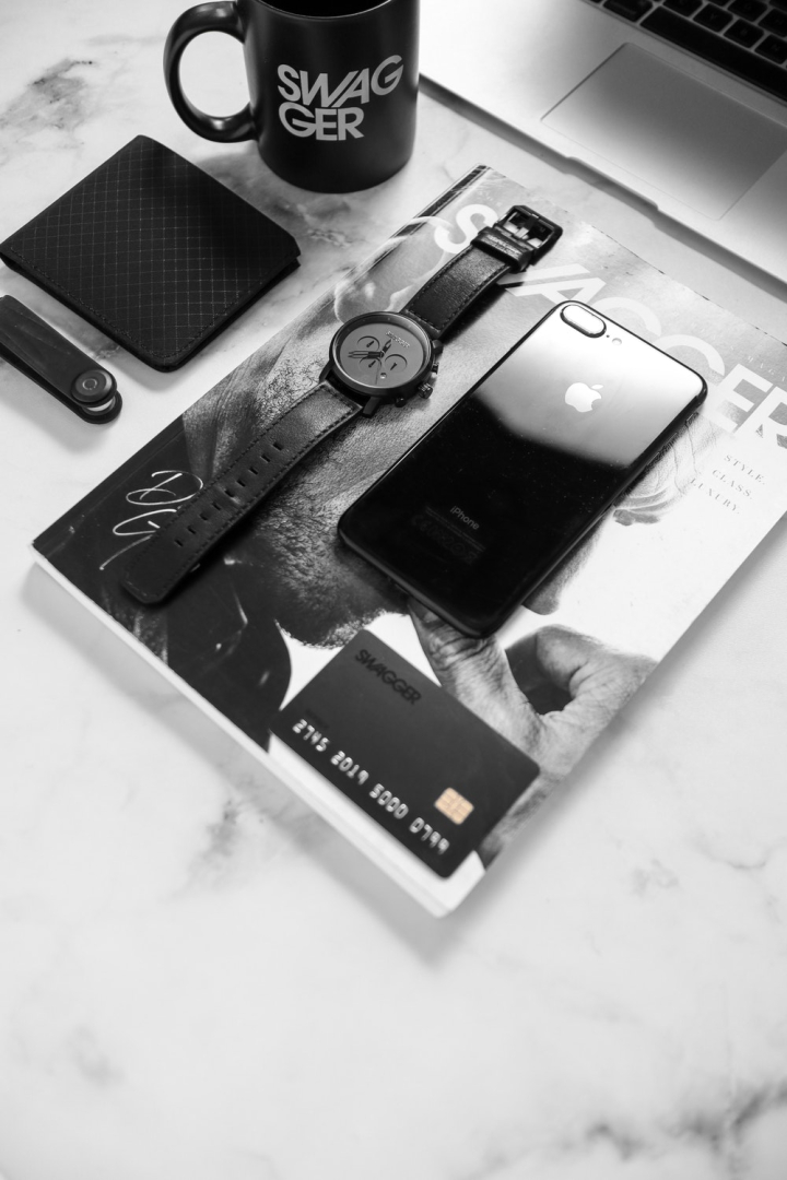 black and white,black-and-white,coffee,credit card,desk,device,electronics,flatlay,iphone,mockup,phone,wallet