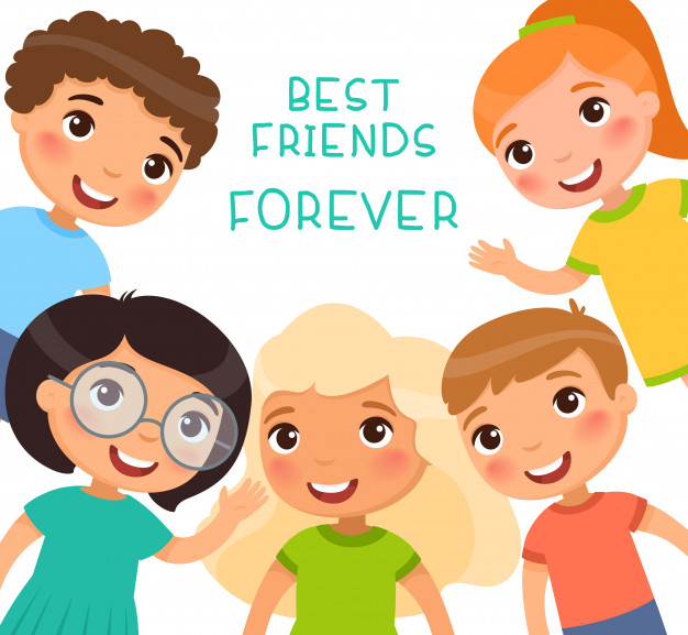 Free: Best friends forever. five children in a frame are smiling and waving. friendship day or children's day. funny cartoon character. illustration.  isolated on white background Free Vector 