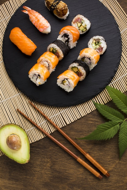 Free: Top view sushi plating on wooden background Free Photo 