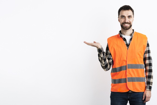 medium shot,simplistic,front view,copy space,medium,modelling,safety vest,showing,posing,pose,modeling,feelings,front,copy,smiling,horizontal,shot,vest,male,emotions,happiness,view,simple,model,safety,white,happy,white background,smile,space,man,background