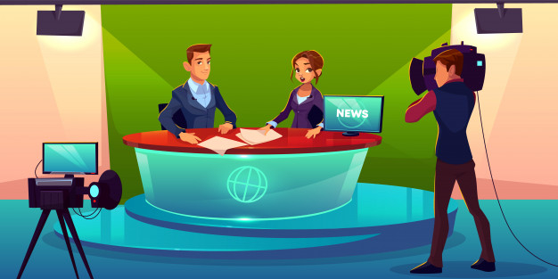 Free: Newscasters team live broadcast cartoon. Free Vector 