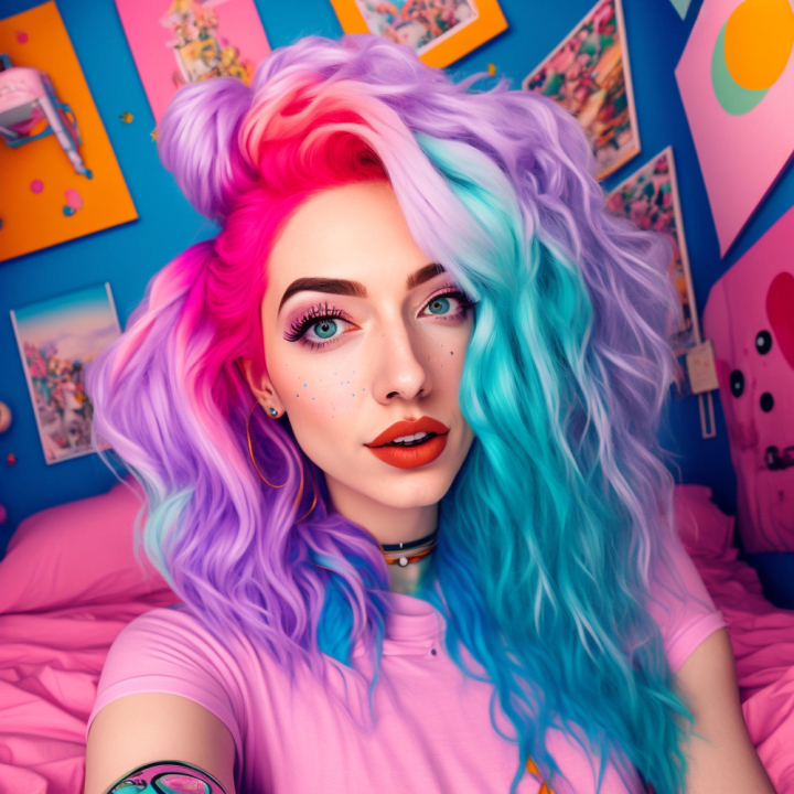 ai face generated,ai generated,midjourney,woman,colorful,young woman,influencer,modern,kidcore fashion,happy,pastel,fashionable lipstick,contour,mascara,kidcore outfit