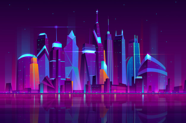Free: Modern city cartoon vector night landscape. urban cityscape background  with skyscrapers buildings on sea shore illuminated with neon light  illustration. metropolis central business district Free Vector 