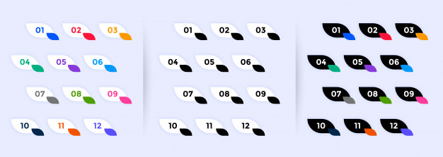 one,twelve,numerical,arrange,digit,separate,curved,stylish,highlight,collection,points,bullet,colors,shape,colorful,button,icon