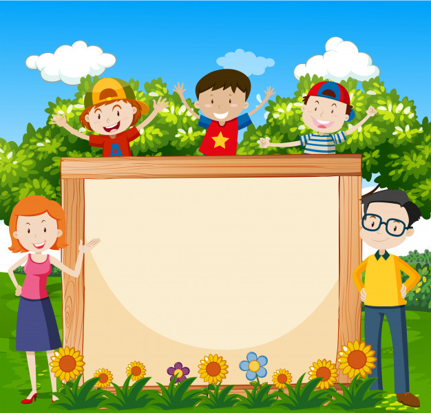 Free: Family in the garden with framed background for copyspace 