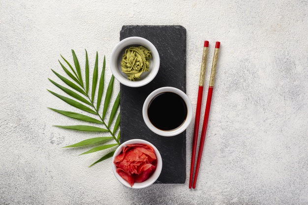 savory,nutritious,soy sauce,lay,wasabi,fine dining,bowls,fine,eastern,tasty,soy,slate,horizontal,dining,delicious,sauce,ingredients,ginger,gourmet,meal,asian,dish,traditional,culture,healthy,flat,food