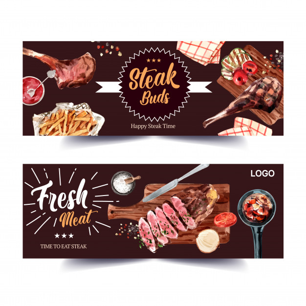 Free: Steak banner design with grilled meat, napkins watercolor  illustration. Free Vector 