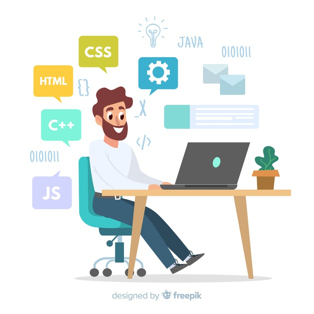 Free: Illustration of programmer working at his desk Free Vector 