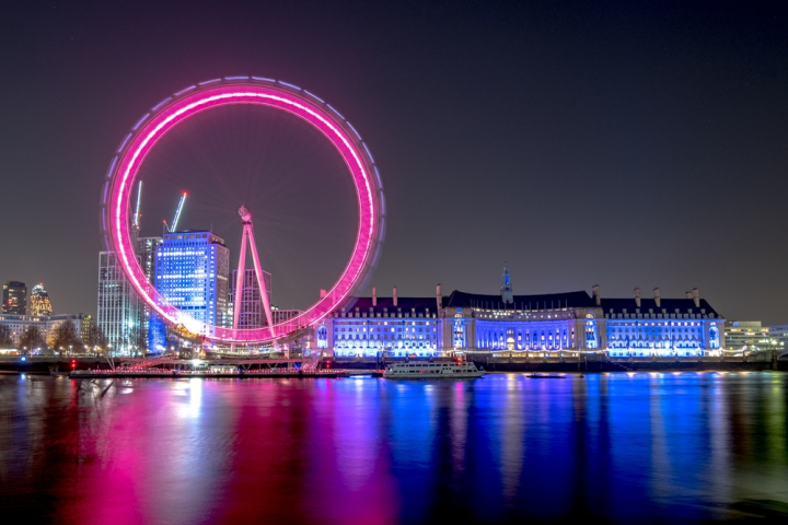 architecture,buildings,city,downtown,evening,ferris wheel,illuminated,landmark,london,london eye,long-exposure,ride