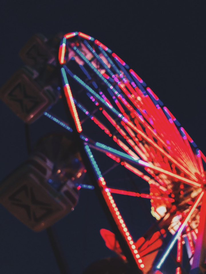 blurred,blurry,ferris wheel,festival,illuminated,lights,perspective