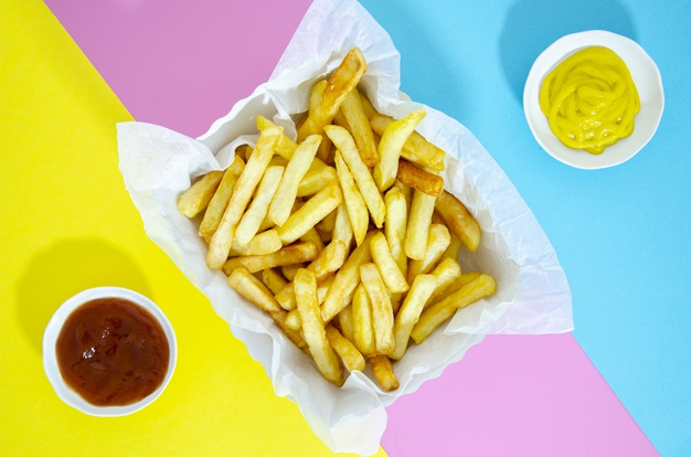 lay,mustard,calories,tasty,colored,horizontal,ketchup,flat lay,fries,french,french fries,top view,top,colourful,view,fast,fast food,energy,flat,yellow,colorful,pink,blue,food,background