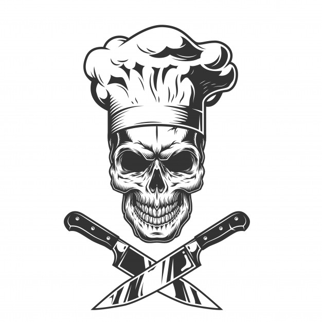 monochrome,culinary,cuisine,evil,dead,male,death,knife,head,teeth,hat,cooking,cook,skull,chef,kitchen,restaurant
