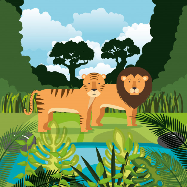 Free: Wild animals in the jungle scene Free Vector 