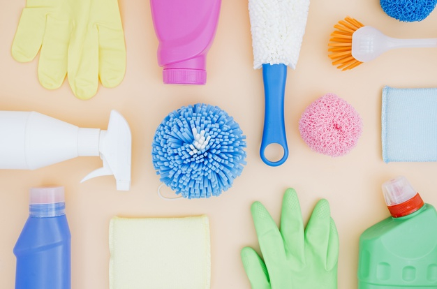 Various cleaning supplies, housekeeping background Stock Photo by