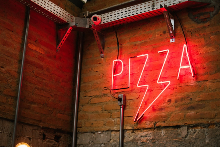 decor,decoration,design,display,hanging,illuminated,lighted,neon glow,neon light,neon sign,pizza,red,signage,wall