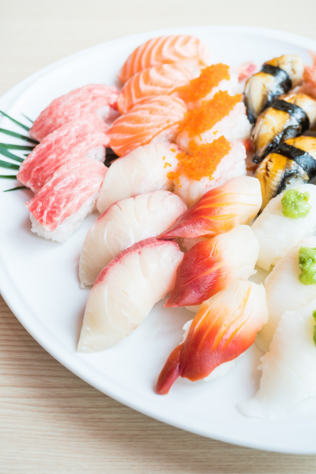 food,fish,red,white,rice,sushi,plate,stone,seafood,roll,fresh,shrimp,meal,ginger,salmon,sauce,prawn,soy,chopstick,raw