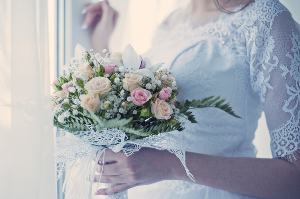 people,woman,bride,wedding,marriage,bouquet,love,intimate,dress,gown,flowers,green,leaves,rose,pink,yellow