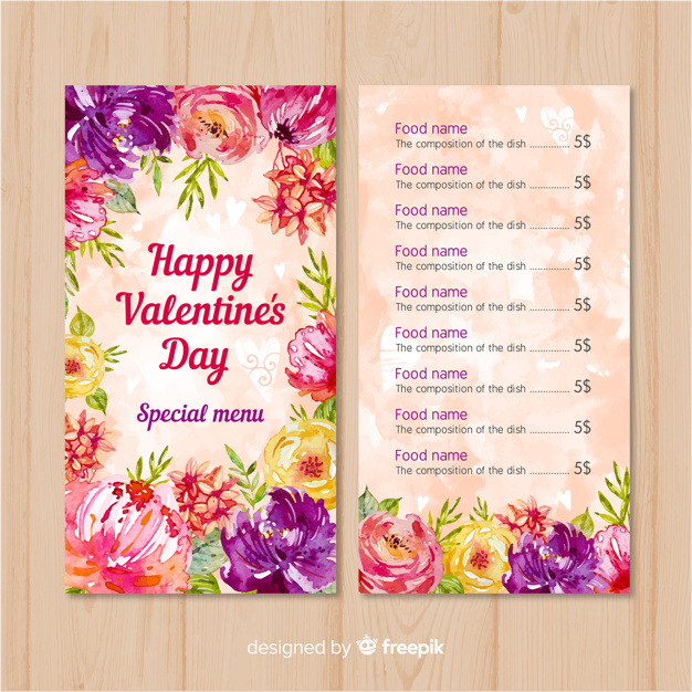 flower,watercolor,food,menu,floral,heart,flowers,love,template,restaurant,watercolor flowers,chef,leaves,celebration,valentines day,valentine,colorful,restaurant menu,cook,cooking