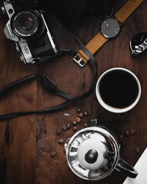 analog,aperture,black,brown,camera,canon,classic,coffee,coffee beans,coffee cup,creative,dark,depth of field,drink,equipment,film,instrument,lens,metal,modern,nostalgia,retro,vintage,wristwatch