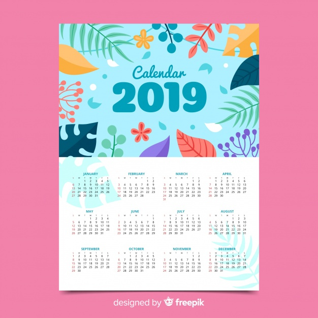 calendar,floral,school,flowers,design,template,leaves,number,time,flat,flat design,plants,2019,plan,schedule,print,planner,date,diary