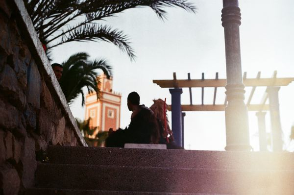 middle east,street,man,travel,sea,blue,morocco,blue,building,building,sunlight,architecture,street,person,flare,house,palm tree,sit,sitting,stair,step