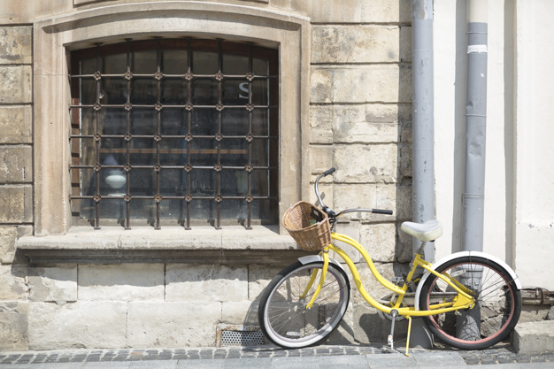 pattern,vintage,travel,city,building,home,retro,wall,bike,bicycle,yellow,architecture,window,vintage pattern,street,transport,wheel,basket,old,brown