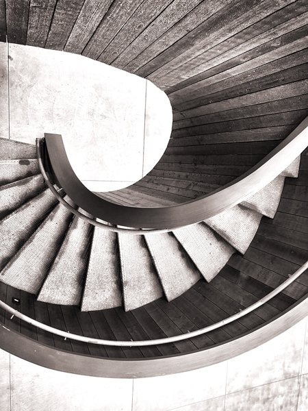 architecture,art,building,design,indoors,inside,modern,monochrome photography,pattern,perspective,spiral,stairs,steps,wood,wooden stairs
