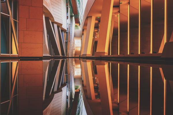 space,architecture,light,orange,color,yellow,architecture,building,pink,symetry,reflection,architecture,interior,column,light,building,modern,olafur eliasson,water,yellow,design