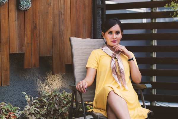 adult,beauty,dress,facial expression,fashion,indonesian,leisure,outdoors,portrait,relaxation,sit,wear,woman