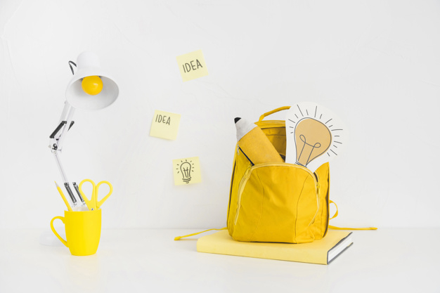 background,school,sticker,table,student,idea,space,white background,colorful,room,pencil,notebook,bag,note,pen,lamp,yellow,stationery,white,yellow background