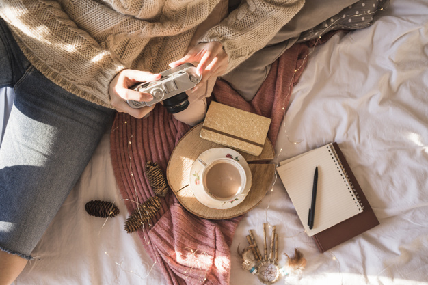 coffee,technology,camera,home,color,photo,notebook,coffee cup,decoration,drink,cup,pastel,creativity,relax,bedroom,picture,female,young,jacket,warm