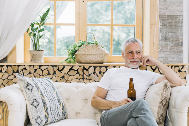people,house,man,beer,hair,home,smile,happy,person,bottle,glass,drink,window,interior,beard,gray,sofa,old,alcohol,old people