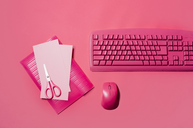 template,office,table,pink,desk,modern,elements,life,creativity,keyboard,female,office desk,concept,artistic,objects,composition,placement,still,still life