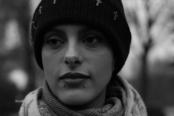 woman,wear,person,lips,girl,female,facial expression,face,eyes,close-up,cap,blur,black-and-white