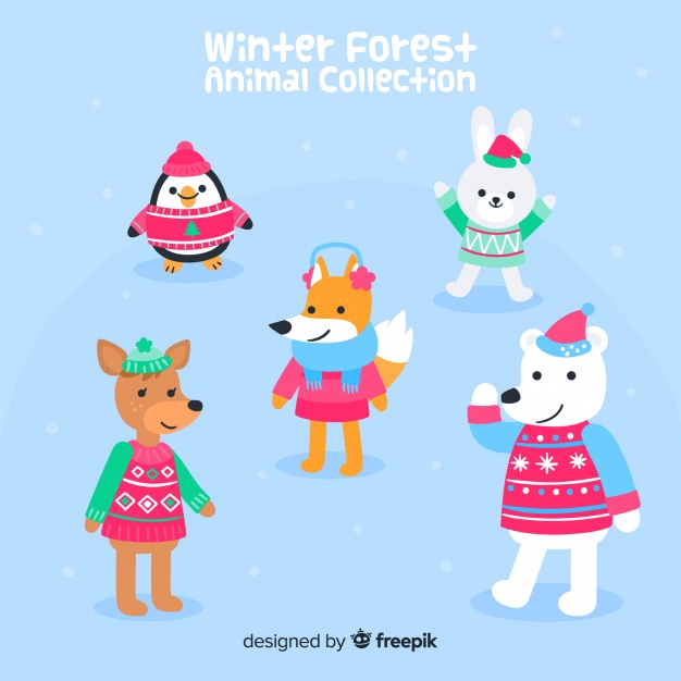 winter,snow,design,santa,nature,animal,forest,animals,bear,clothes,deer,reindeer,flat,hat,santa hat,rabbit,fox,flat design