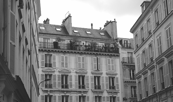 buildings,apartments,houses,windows,shutters,balconies,balcony,france,city,railings,black and white