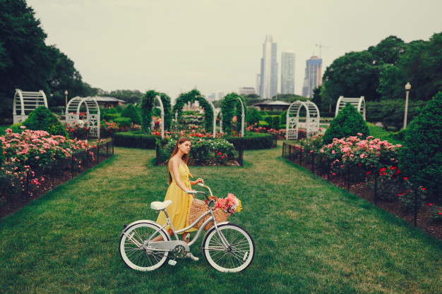 flower,vintage,flowers,city,summer,green,fashion,nature,beauty,grass,spring,happy,bike,bicycle,white,park,dress,healthy,fun,basket
