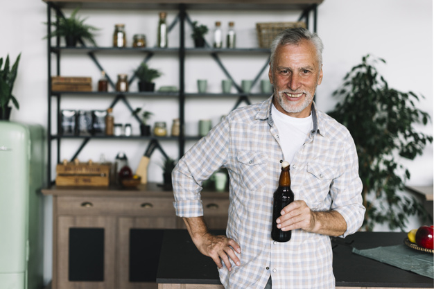 people,house,man,beer,kitchen,hair,home,smile,happy,person,bottle,glass,drink,beard,gray,old,alcohol,old people,old man,happy people