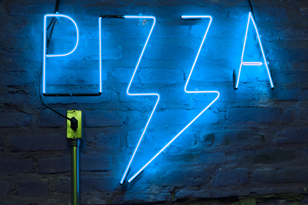 blue,brick wall,bright,business,close-up,dark,design,illuminated,lights,neon lights,neon sign,night,pizza,restaurant,sign,signage,space,urban,wall,wire