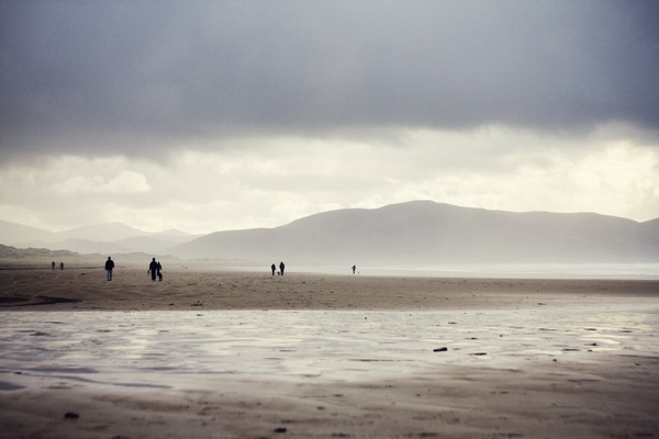 grey,sky,clouds,mountains,hills,beach,sand,water,people,water