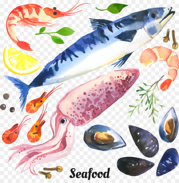 seafood,watercolor painting,food,painting,royaltyfree,stock photography,shrimp,restaurant,fish,fish products,organism,png