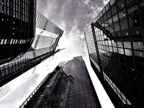architecture,black and white,black-and-white,buildings,city,downtown,low angle shot,perspective,skyscrapers