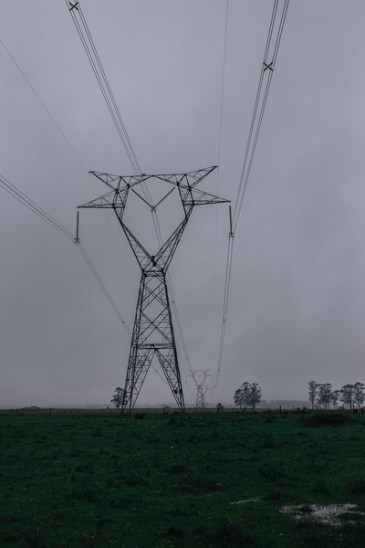 electricity,fog,foggy,power lines,tower,wires