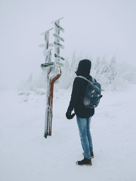 action,adult,adventure,backpack,cold,daylight,directions,frost,frozen,ice,landscape,man,motion,outdoors,outfit,person,recreation,signage,snow,snowstorm,storm,wear,weather,winter,Free Stock Photo