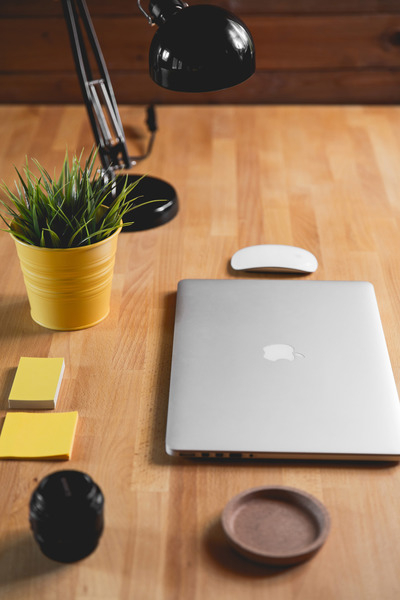macbook,mouse,lamp,black,post it,yellow,desk,office,business,plant,green,wood,pine,camera,lens